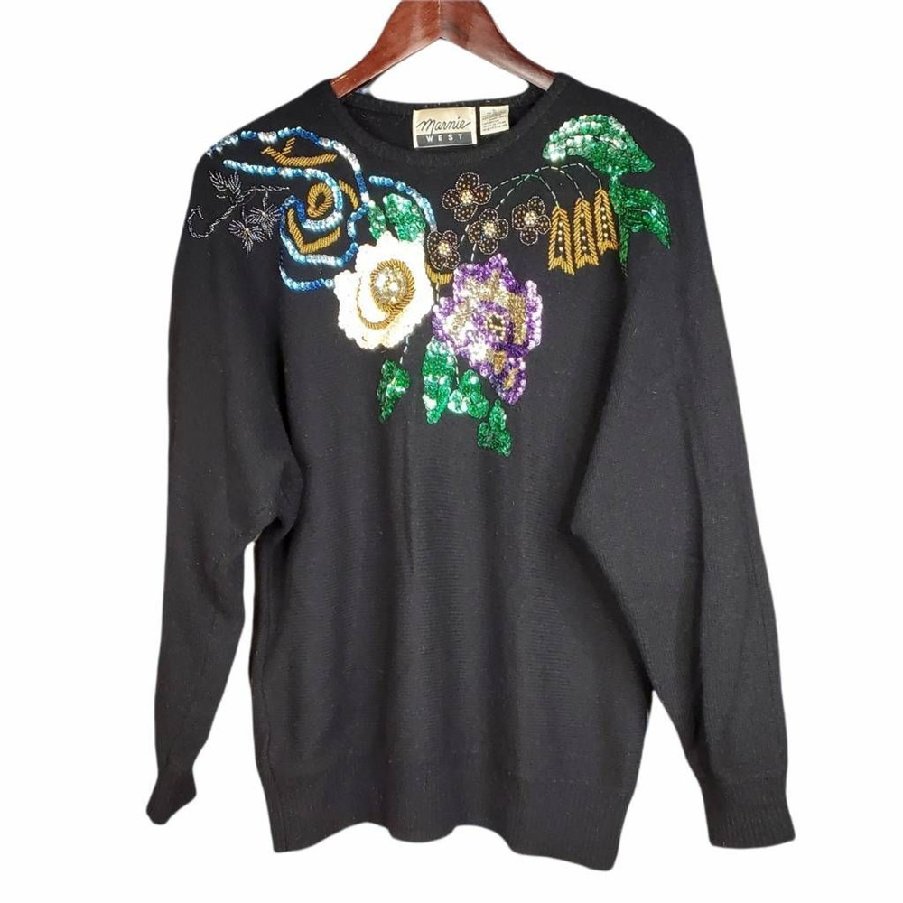 Marnie West Womens Pullover Sweater Black Floral Lambswool Blend Embellished L